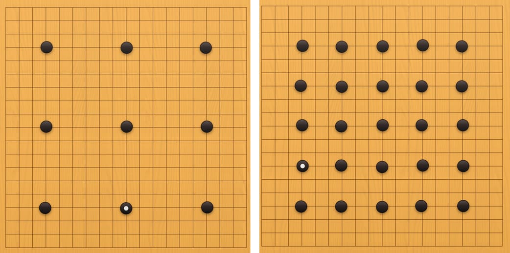 Side-by-side Go board diagrams comparing a standard handicap setup with a much heavier handicap using many black stones.