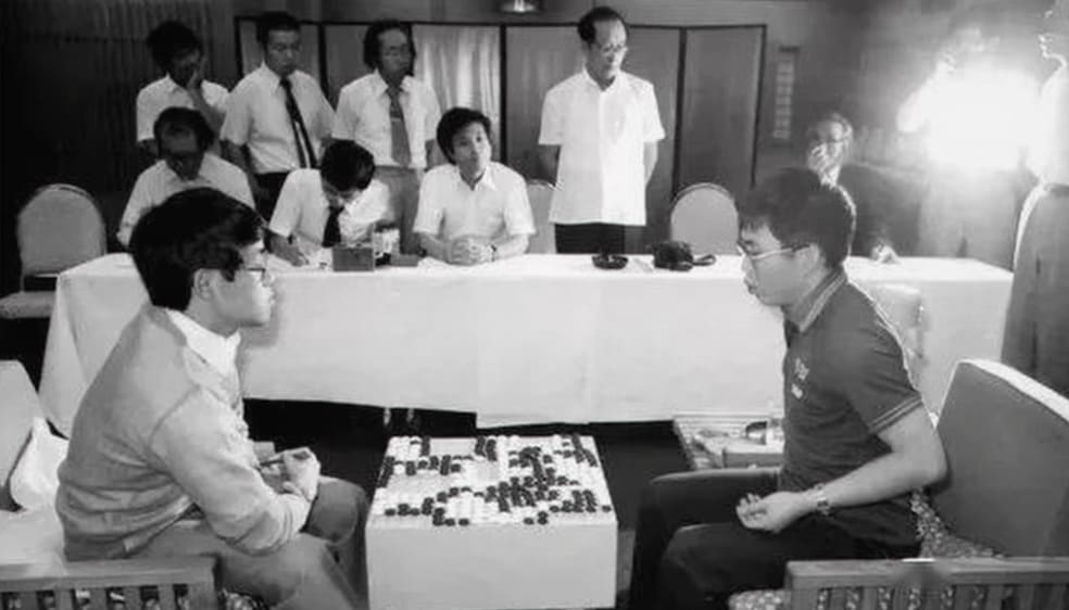 Historic black-and-white photo from the China–Japan Super Matches featuring professional Go players