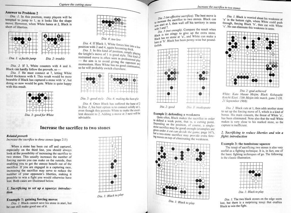 A detailed page from a Go strategy book showing diagrams and explanations on capturing a cutting stone and increasing sacrifices.