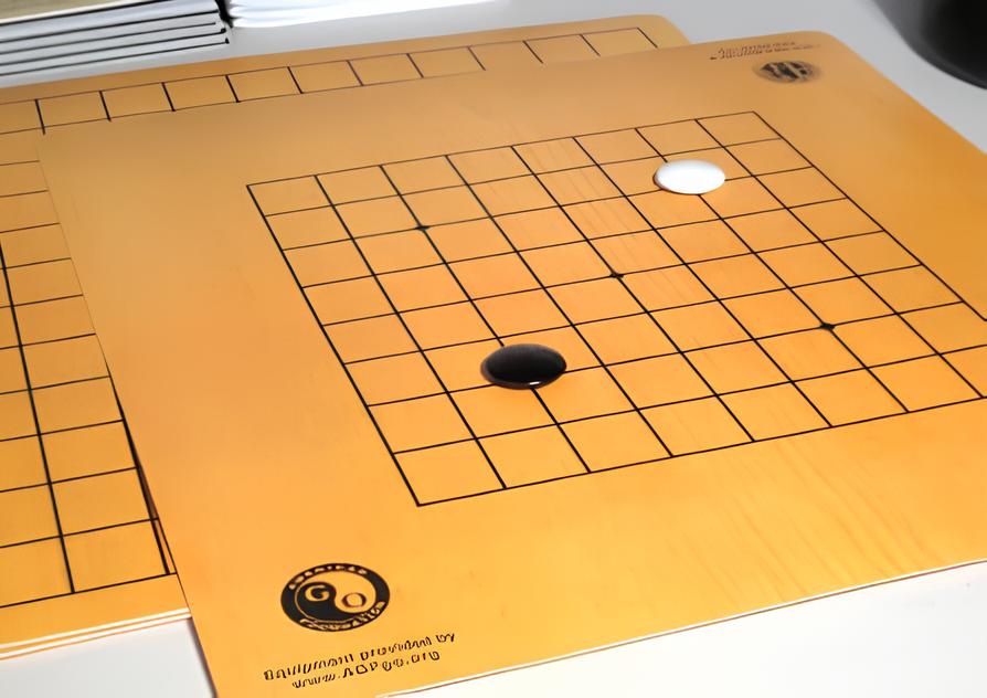 A beginner-sized Go board by the AGF with one white and one black stone placed.