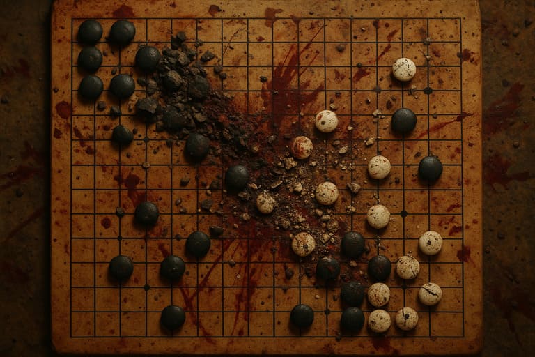 Crushed Go stones scattered across a bloodstained board, evoking intense conflict