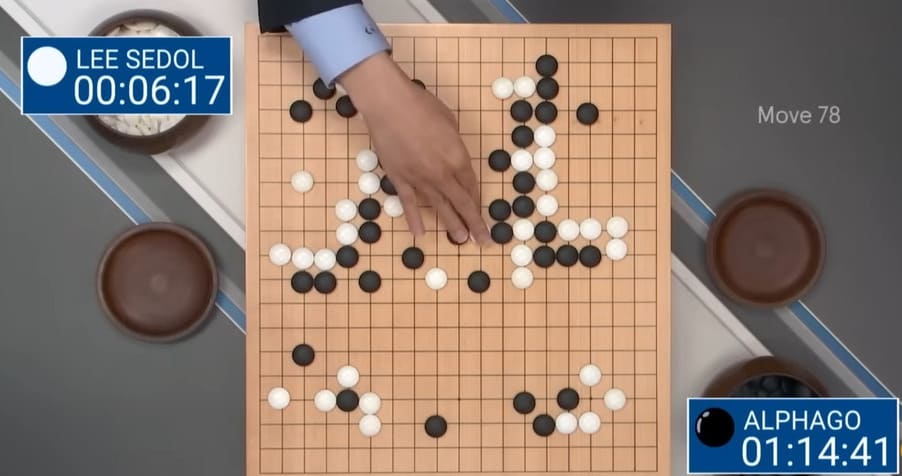 Go board position from Lee Sedol vs AlphaGo at move 78 with timer displays