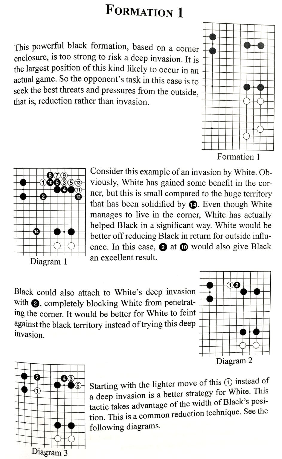 Go diagrams illustrating invasion and reduction techniques with commentary