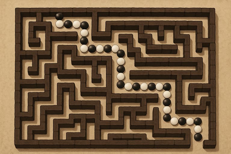 White and black Go stones arranged like a path through a complex maze
