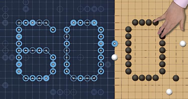 Illustration showing the number fifty in a digital style next to Go stones arranged into the same number on a board.