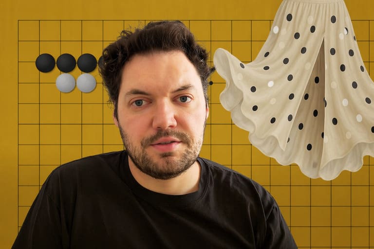 Thumbnail for a Go lesson titled “What Is Open Skirt? Part 1,” showing a presenter, a Go board, and a stylized ghost-like shape.