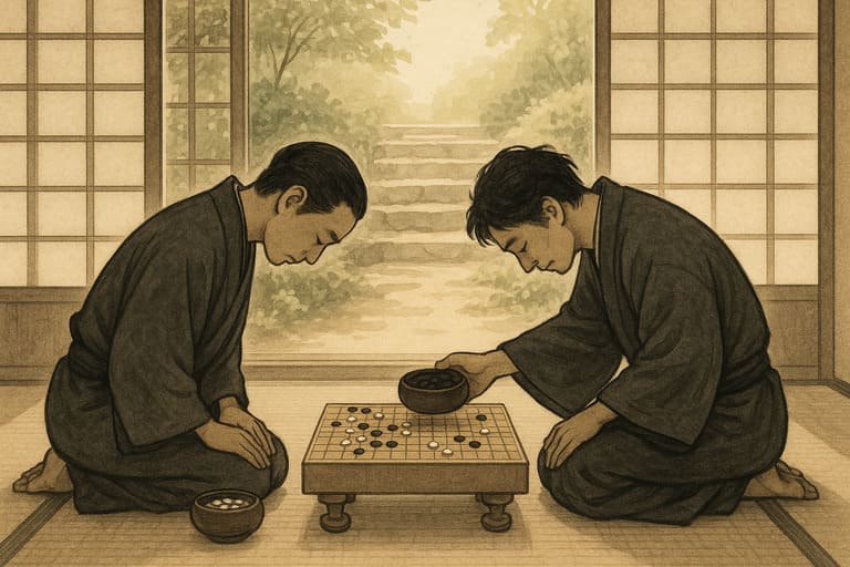 Two men in traditional Japanese robes playing Go on a floor table near a garden