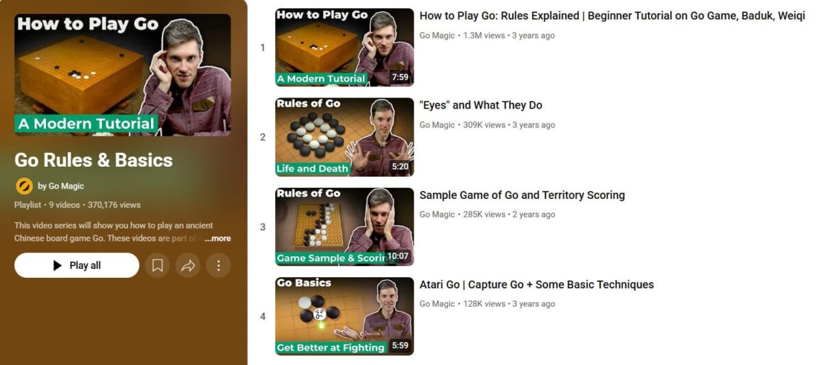Screenshot from Go Magic’s “Go Rules & Basics” YouTube playlist explaining Go, Baduk, and Weiqi rules for beginners