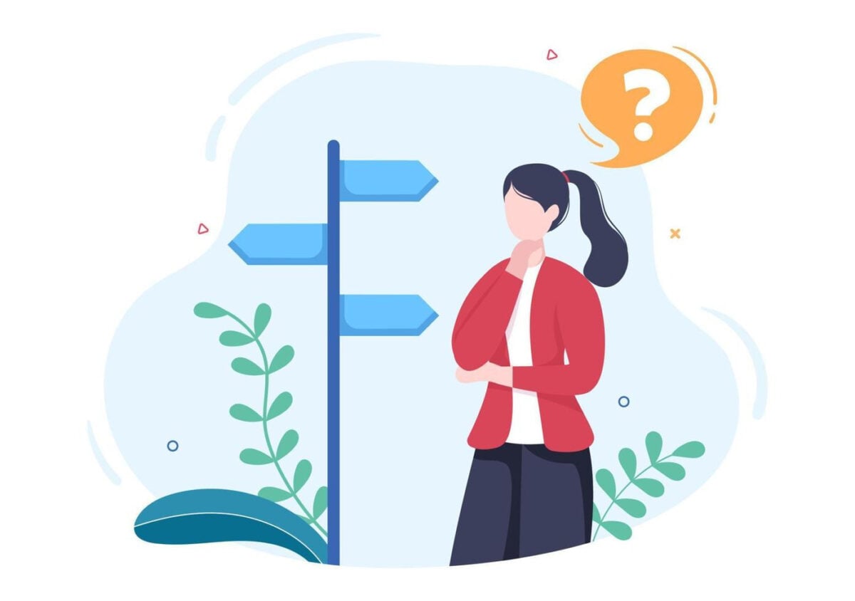 Flat-style illustration of a woman thinking beside signposts, with a question mark in a speech bubble above her.