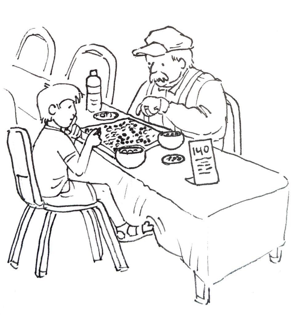 Black-and-white drawing of a child and an older man playing Go across a tournament table.