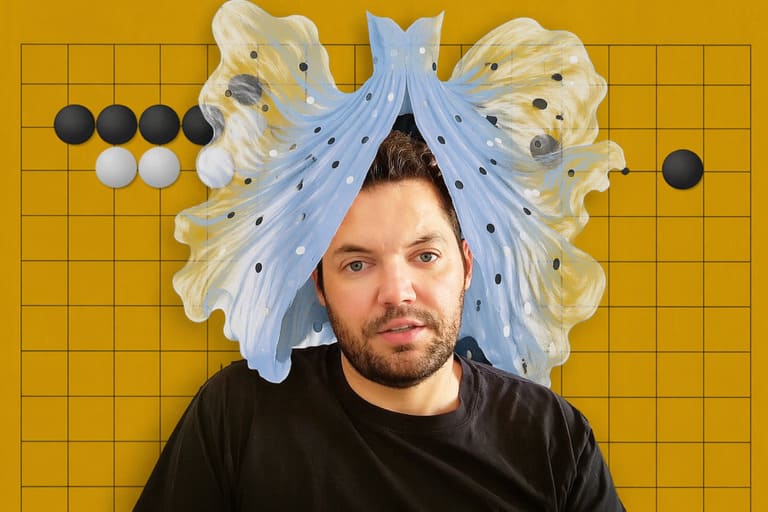 Thumbnail for a Go lesson titled “What Is Open Skirt?” showing a presenter under a large stylized skirt-like shape over a Go board background.