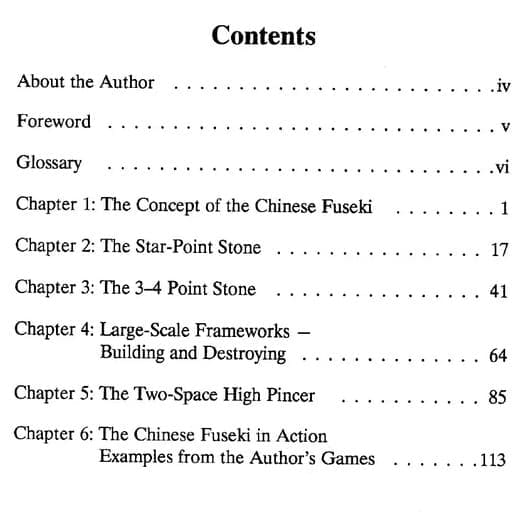 A contents page listing chapters on Chinese Fuseki and strategic Go openings.