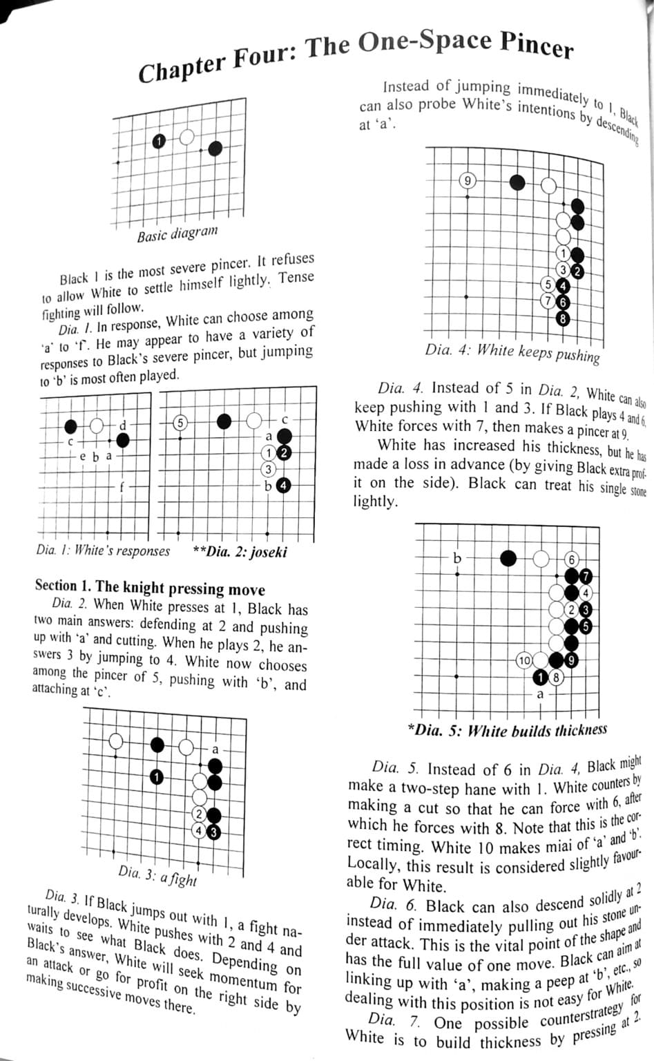 Book page explaining the one-space pincer concept with Go board diagrams