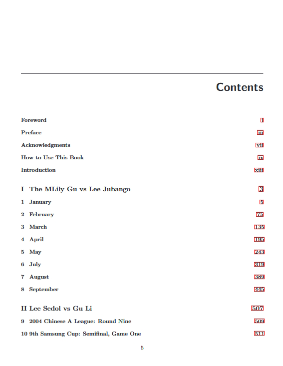 Table of contents from 'Relentless: Lee Sedol vs Gu Li,' listing matches between two legendary Go players.