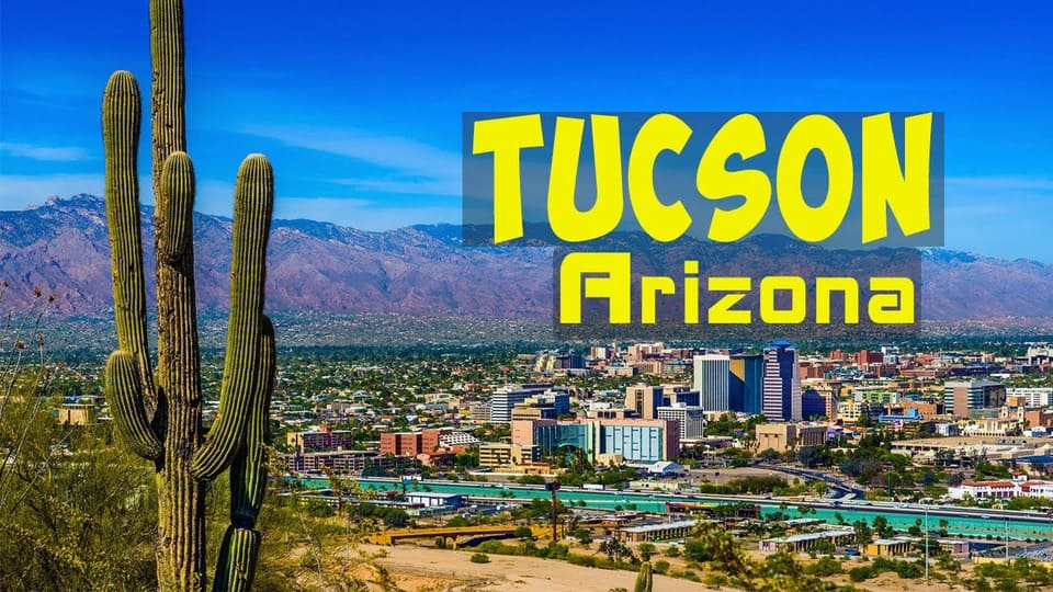 Panoramic view of Tucson Arizona with desert landscape and city buildings