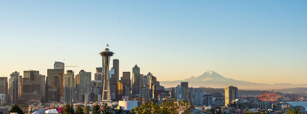 Seattle skyline viewed from Kerry Park, with the Space Needle in the foreground and Mount Rainier in the distance.