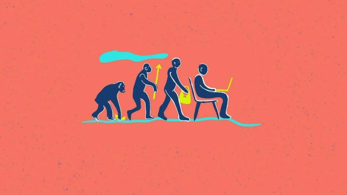 Illustration showing the evolution from an ape to a person working on a laptop, symbolizing adaptability in modern work.