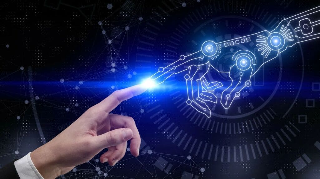 A digital illustration of a human hand reaching out to touch a glowing fingertip of a robotic hand, symbolizing the connection between humans and artificial intelligence.