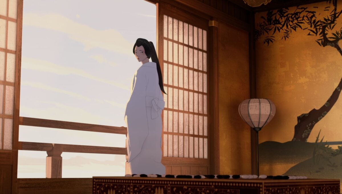 A serene scene of a Go player standing in traditional Japanese clothing, looking out at the sunrise from a room with a Go board in the foreground.