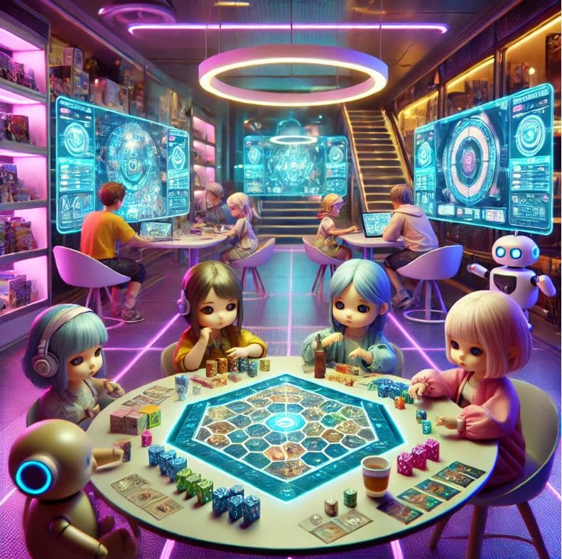 A futuristic scene featuring people and robots playing board games at a neon-lit, high-tech board game cafe.