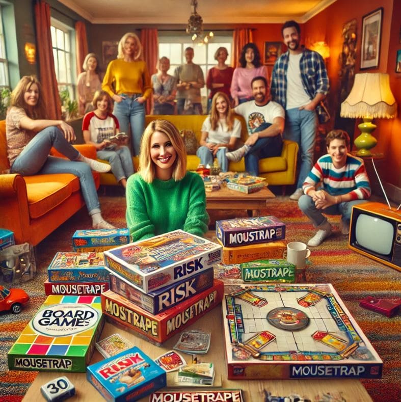 A colorful living room scene with a family gathered around classic board games like Risk and MouseTrap, capturing the essence of 90s game nights.