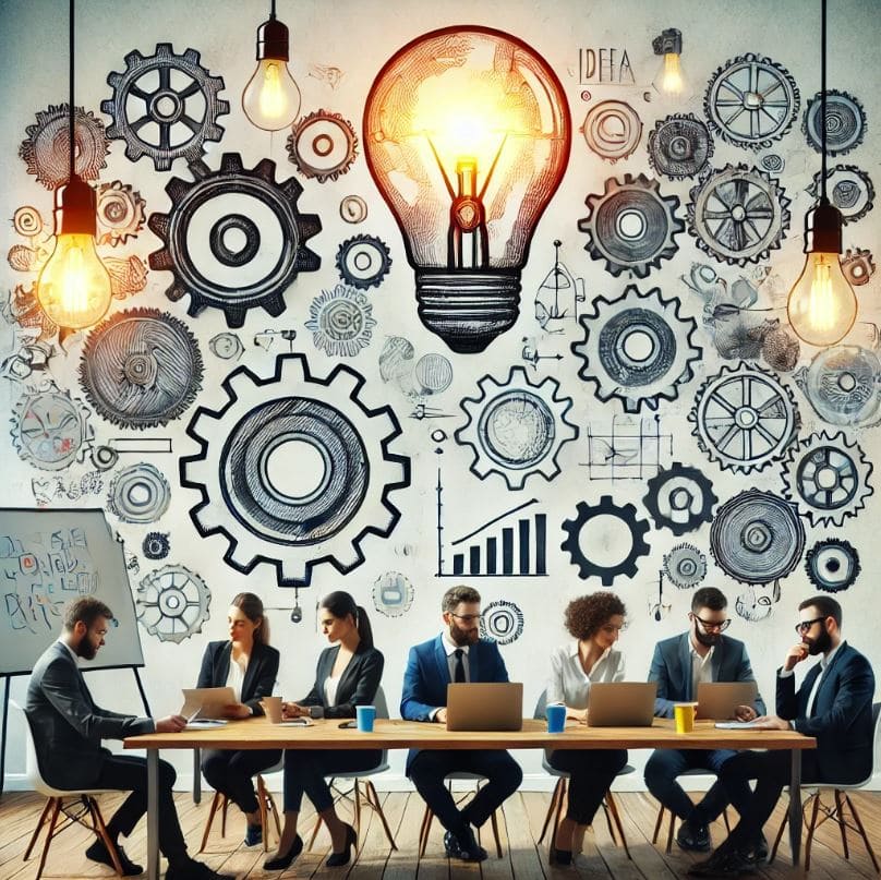 A group of people in a modern office brainstorming with lightbulbs and gears representing ideas and creativity floating above their heads. The setting includes whiteboards, sticky notes, and laptops.