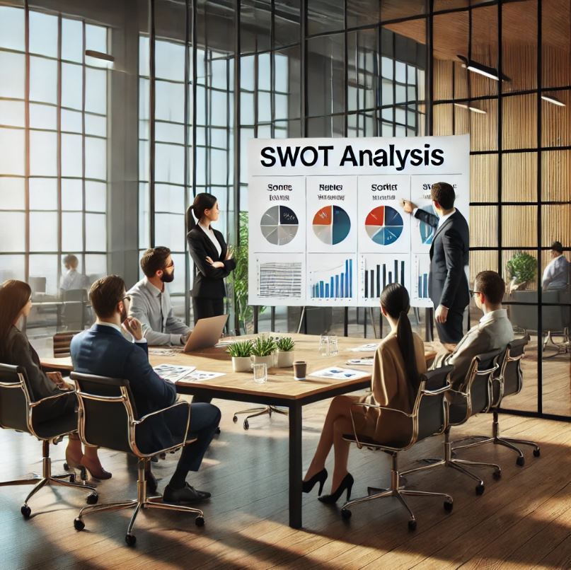 An office setting with employees discussing SWOT analysis charts on a conference table.