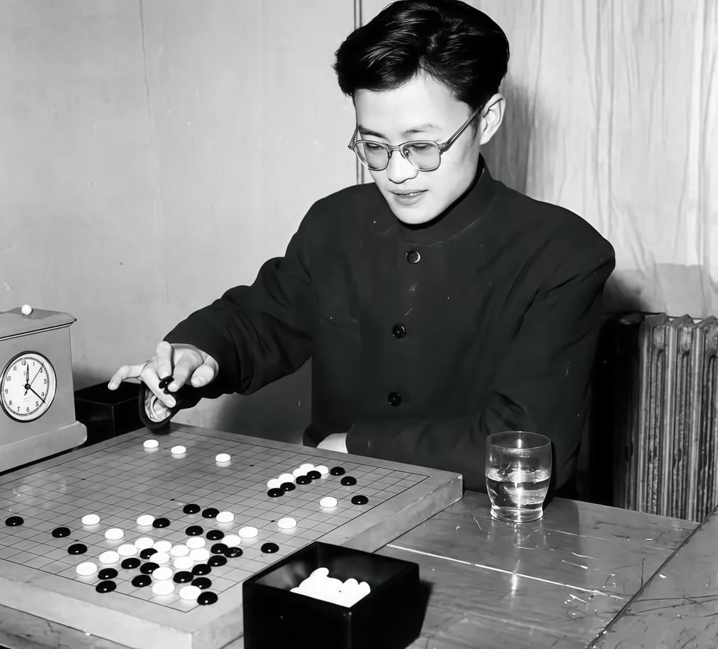 Black and white photo of young Chen Zude playing Go with a game clock on the side.