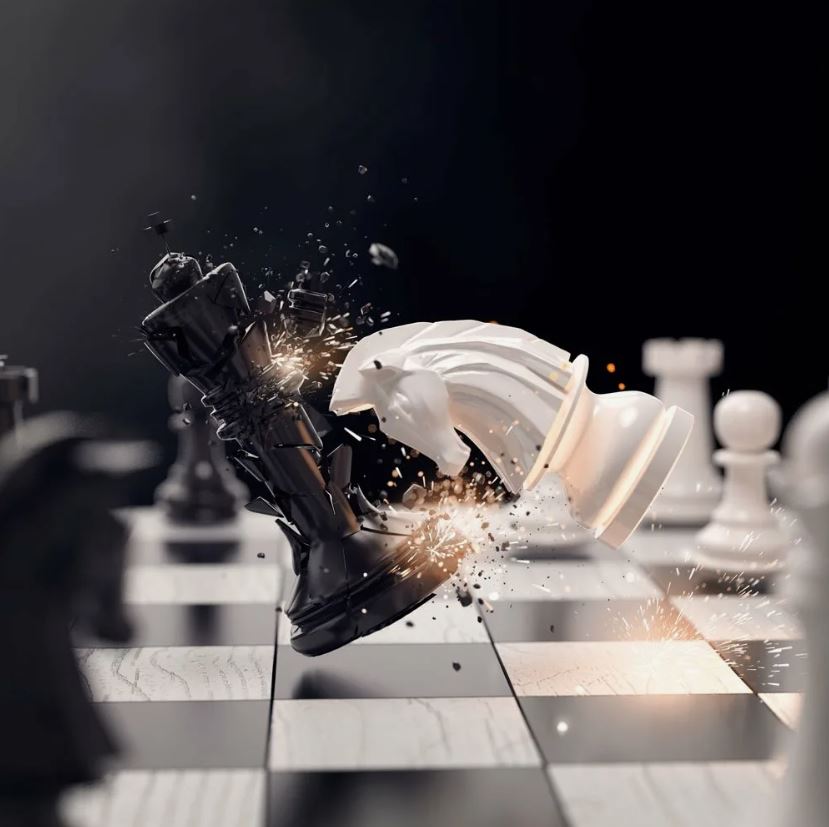 A dramatic close-up of black and white chess pieces clashing, with sparks flying from the impact.