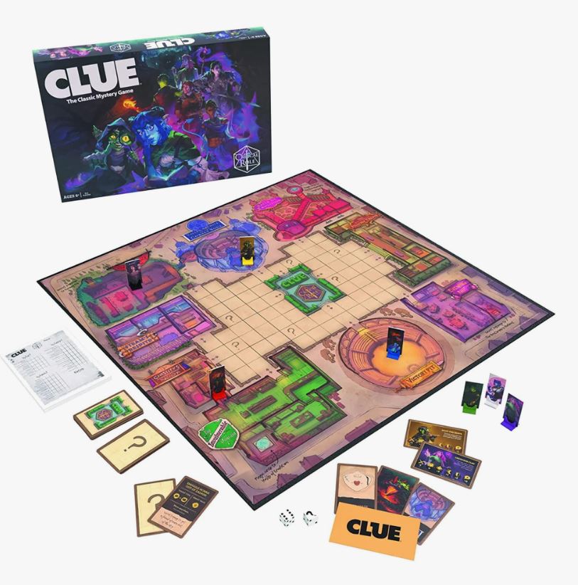 A Clue board game set up with colorful rooms, game pieces, cards, and a box depicting characters from the game.