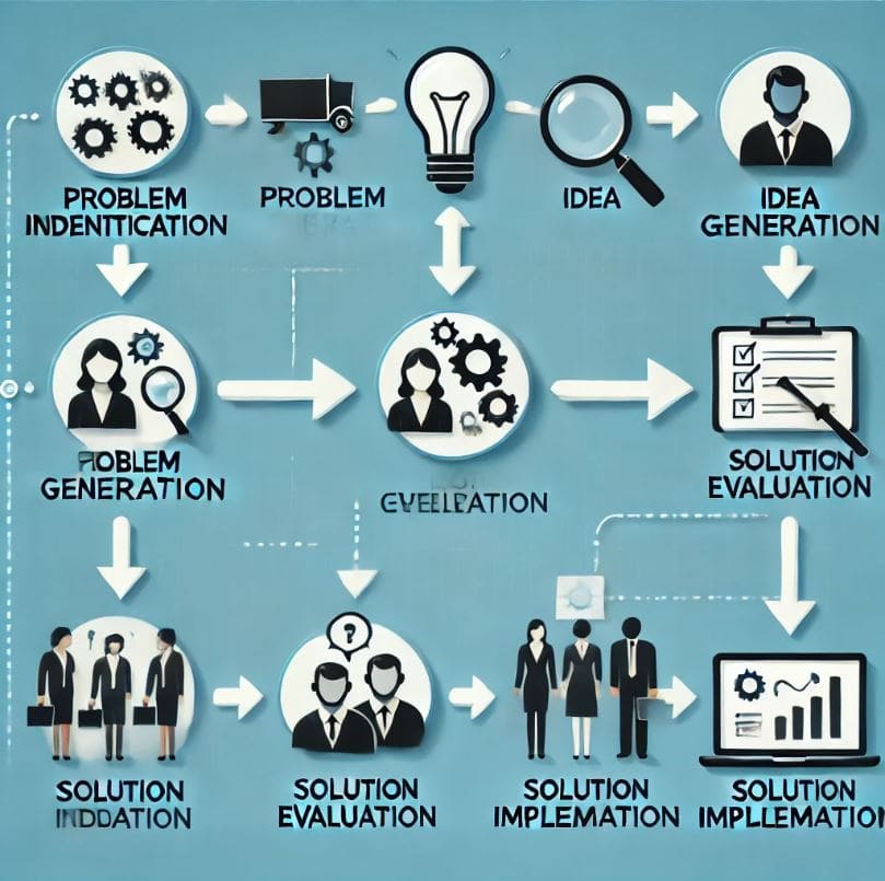 A step-by-step process flowchart showing problem identification, idea generation, solution evaluation, and implementation. The flowchart includes icons and arrows to illustrate the progression between steps.