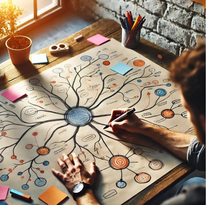 A person drawing a mind map on a large sheet of paper, with branches representing different ideas and solutions.