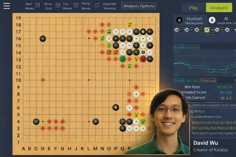 David Wu, creator of KataGo, smiling portrait combined with detailed KataGo analysis interface showing Go board, winrate graph, and ownership map