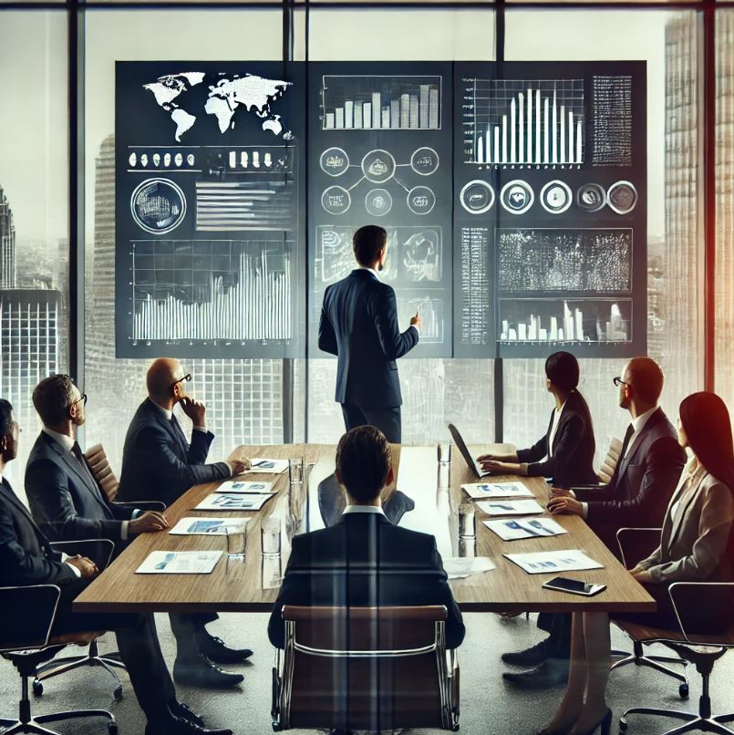 A professional setting showing a leader making a critical decision, with team members presenting data on screens.