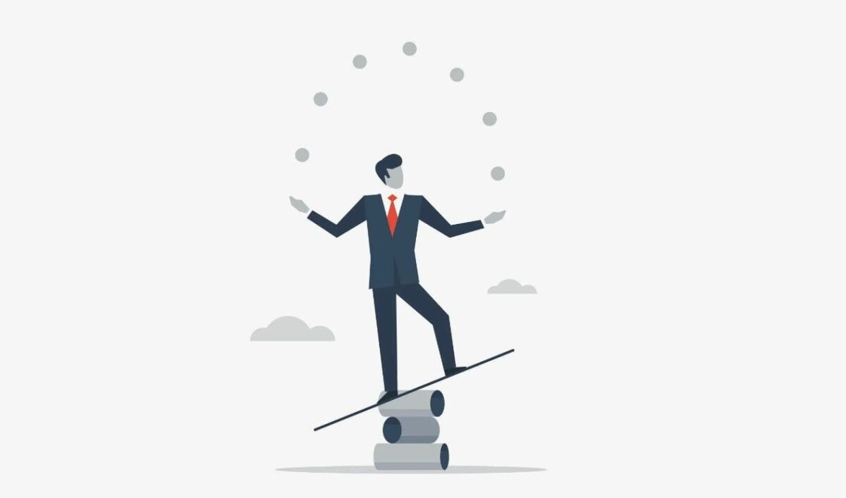 A figure balancing on a beam while juggling multiple tasks, representing the adaptability required in handling diverse work duties.