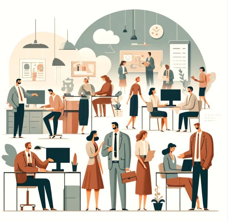 Illustration of office workers engaged in communication and teamwork, showing people collaborating in different office scenarios, in a vintage cartoon style.