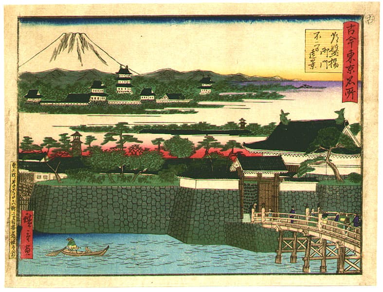 A classic ukiyo-e woodblock print featuring Edo Castle and Mount Fuji in the background, surrounded by vibrant landscapes and traditional architecture.