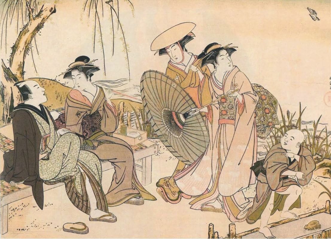 A detailed illustration from the Edo period showing a group of people in kimonos gathered outdoors, engaging in conversation under an umbrella.