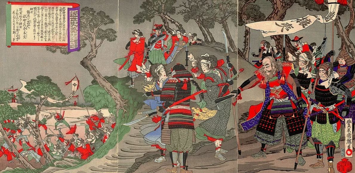 A vivid artwork from the Edo period depicting samurai warriors in armor preparing for battle, with flags and weapons ready in a dramatic setting.