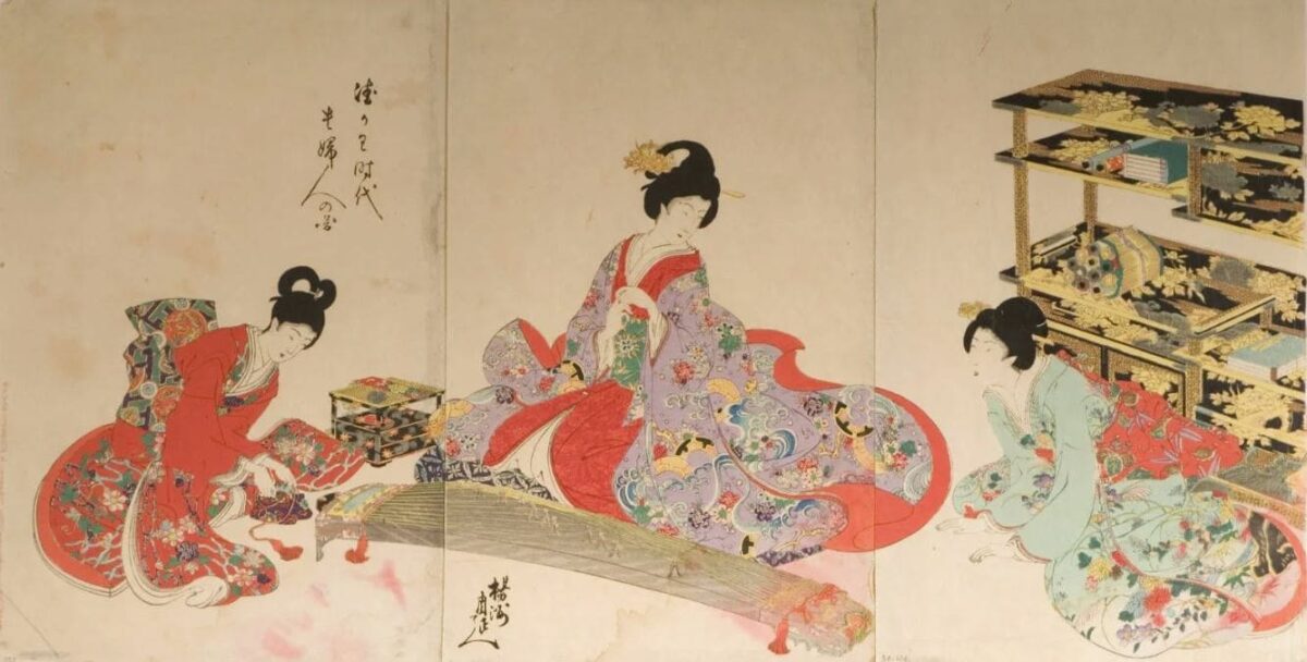 A group of women dressed in vibrant, traditional Japanese kimonos, depicted in an Edo-period art style.