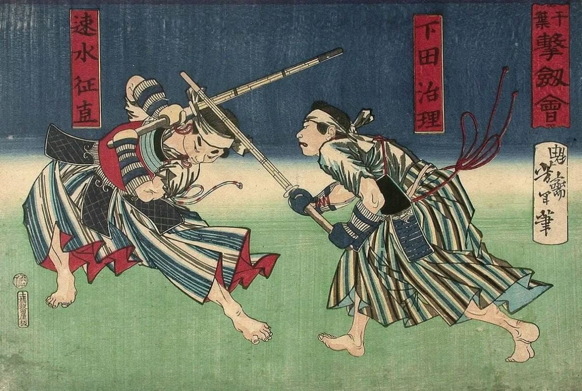 A dynamic samurai duel scene, with two warriors in traditional Japanese attire and armed with wooden swords.