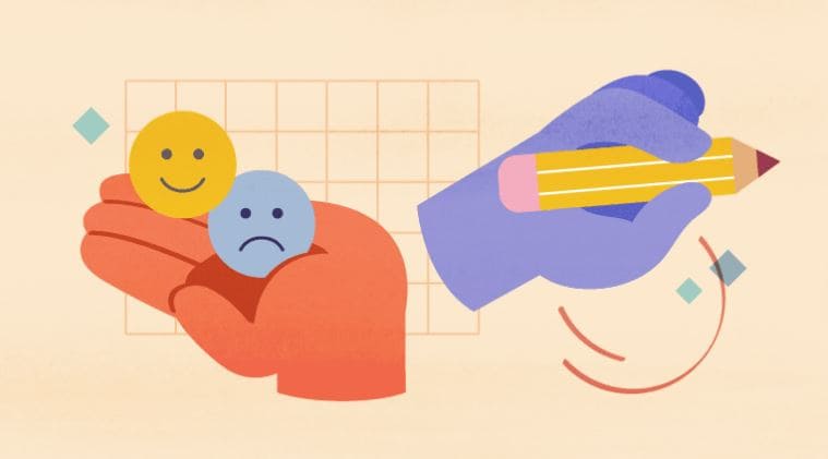 Hands holding happy and sad emoji faces, illustrating emotional intelligence and adaptability in responding to different situations.