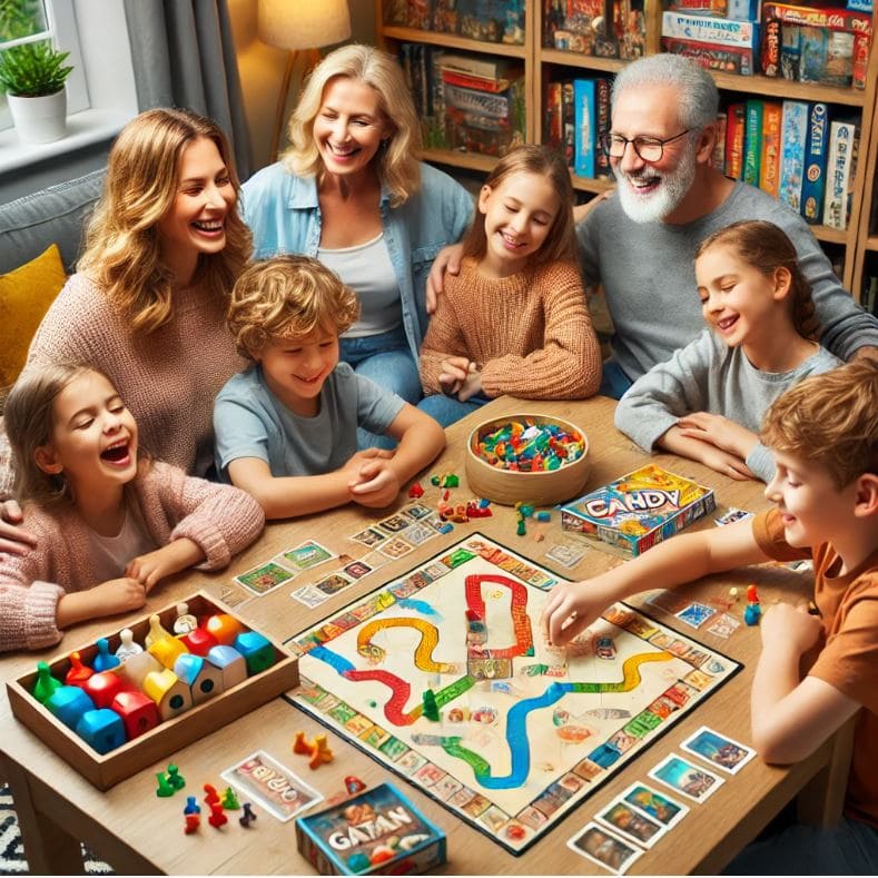 A family of multiple generations laughing and playing board games at a cozy table.