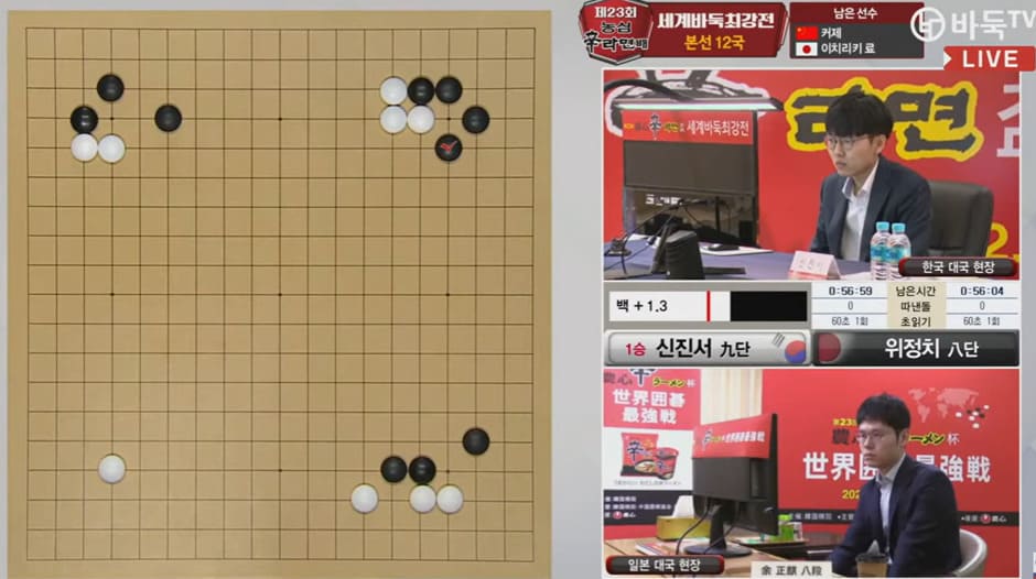 Go board diagram with the latest move marked beside a Korean live broadcast panel.