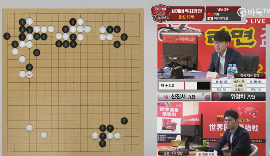 Go board showing a dense position with numbered stones, alongside a Korean broadcast panel featuring a player.