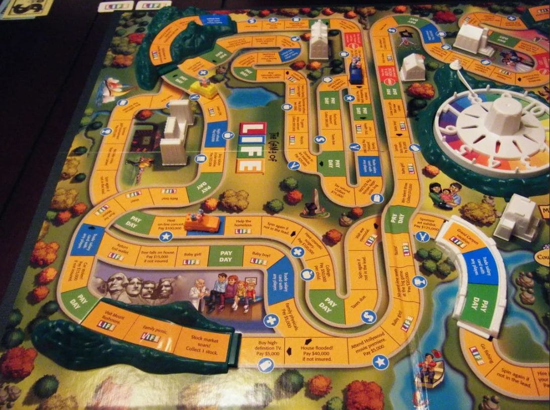 A detailed look at the classic board game The Game of Life, featuring various paths and game elements.