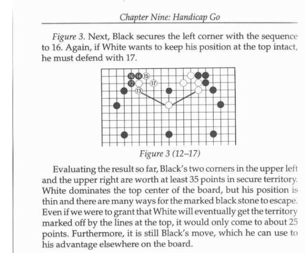 Excerpt from Chapter Nine of 'Go: A Complete Introduction to the Game,' showing a Go strategy diagram and analysis.