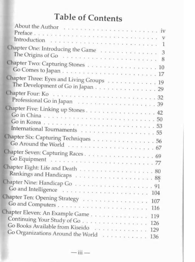 Table of contents from 'A Go Guide From a Beginner,' listing chapters on Go's origins, techniques, and international development.