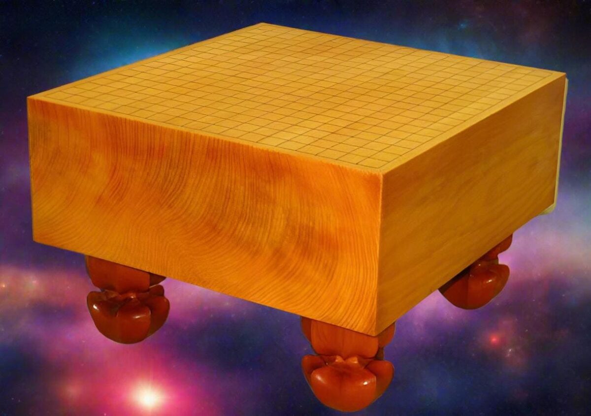 High-quality kaya Go board with fine grain, placed in a cosmic backdrop