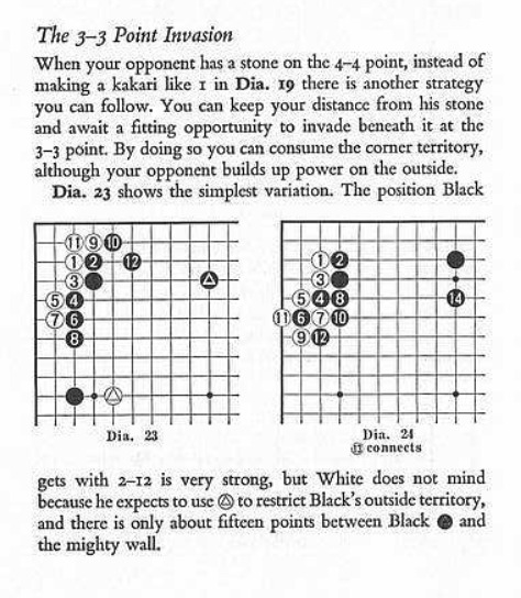 Illustration from 'Go for Beginners' showing a 3-3 point invasion strategy and its variations.